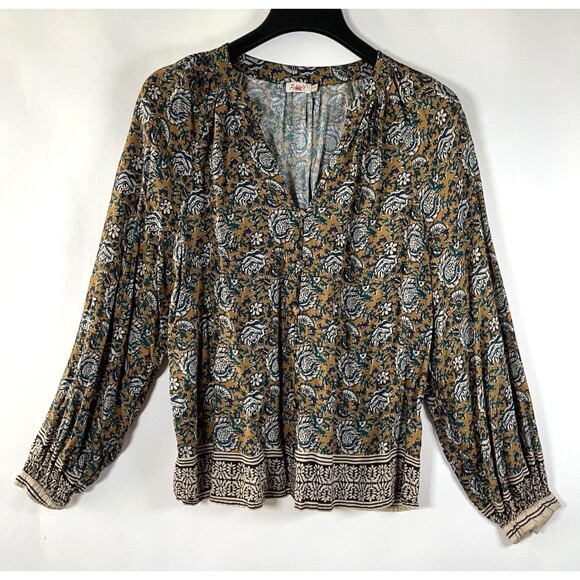 Faherty Blouse Shirt Top Small‎ Naomi Fairfield Border Print Boho Office Work - Picture 1 of 11